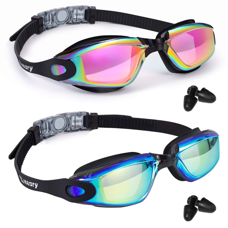 Keary Swim Goggles Pack of 2 Anti-Fog Swimming Goggles for Adults Women Men Youth Junior, No Leaking UV Protection Waterproof Mirrored Lens Triathlon Pool Goggles with 3 Size Nose Pieces & Earplugs - Image 1